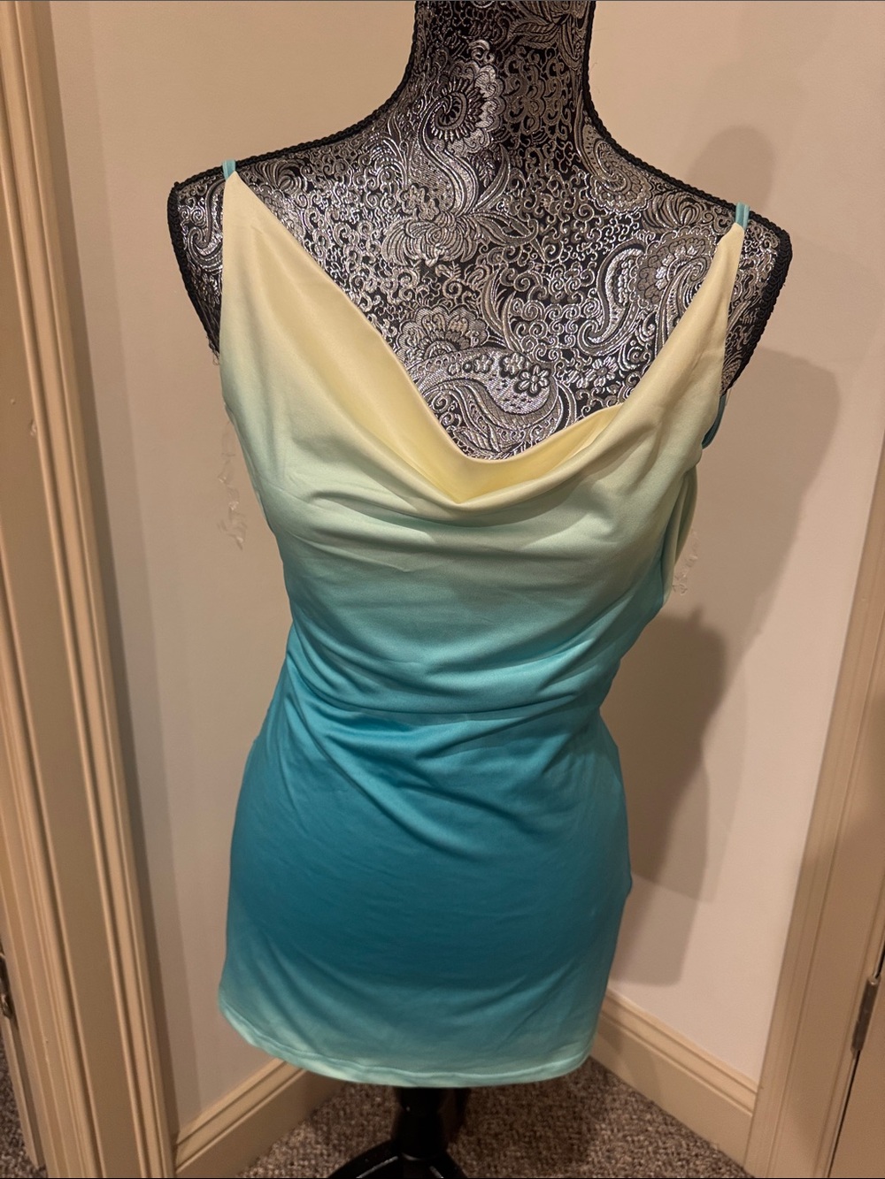 Peppermayo Aqua to Pale Yellow Cowl Back Mini Dress